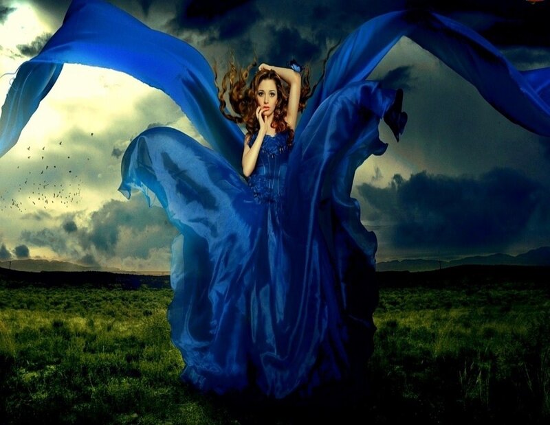 Woman in Blue Dress — Dramatic, Sunset, Digital Art, Field, Sky