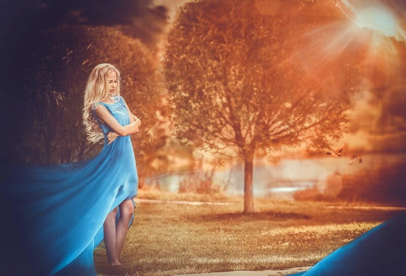 Woman in Blue Dress — Dramatic, Sunset, Digital Art, Tree