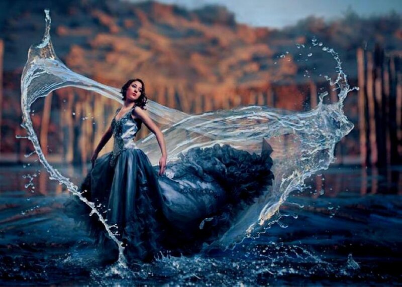 Woman in Blue Dress — Dramatic, Sunset, Digital Art, Water
