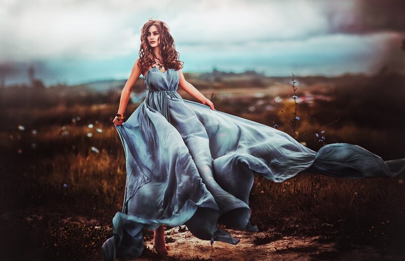 Woman in Blue Dress — Dramatic, Sunset, Photograph, Field