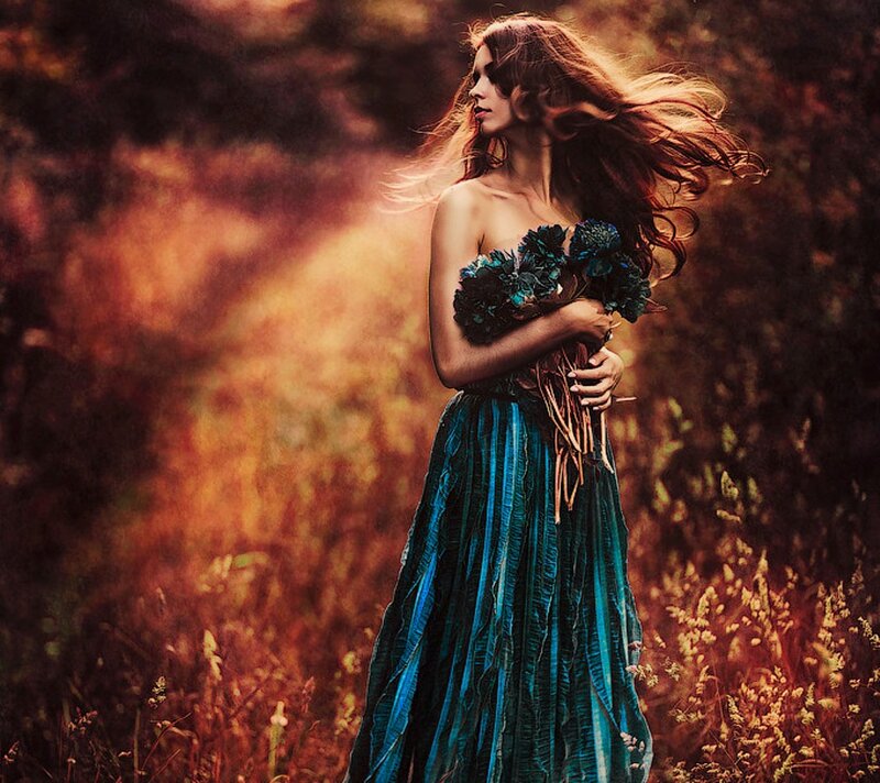 Woman in Blue Dress — Dramatic, Sunset, Photograph, Flowers