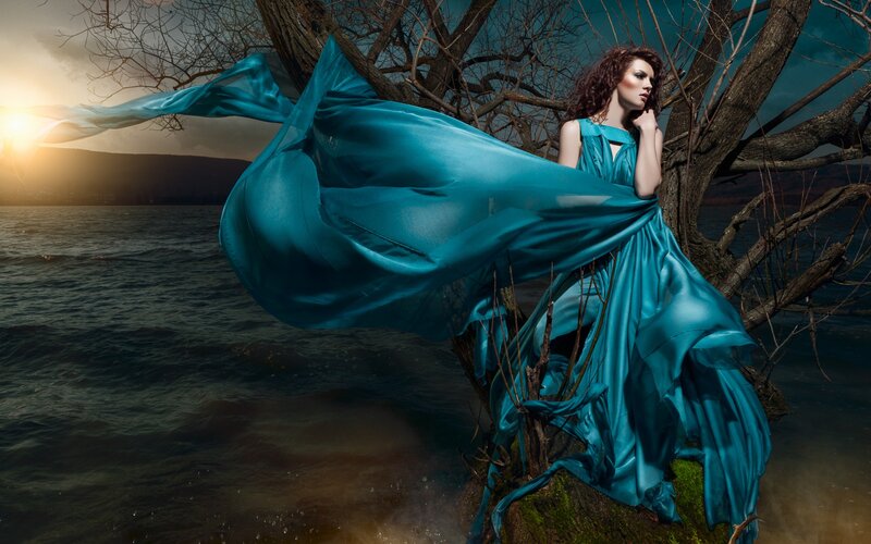 Woman in Blue Dress — Dramatic, Sunset, Photograph, Tree, Lake