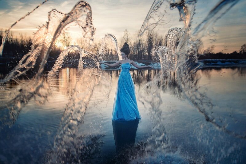 Woman in Blue Dress — Dramatic, Sunset, Photograph, Water Splash