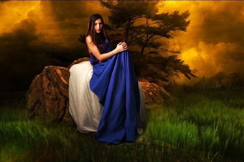 Woman in Blue Dress — Dramatic, Sunset