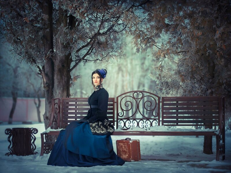 Woman in Blue Dress — Dramatic, Winter, Photograph, Bench