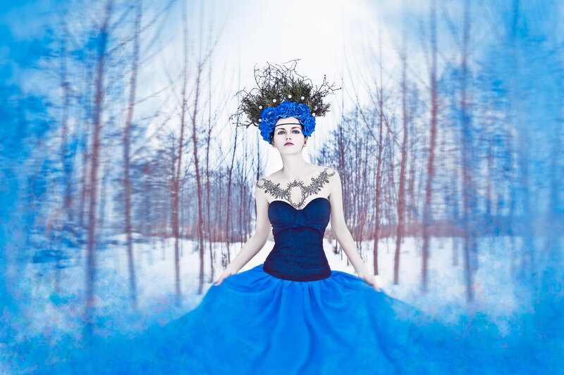 Woman in Blue Dress — Dramatic, Winter, Photograph, Crown