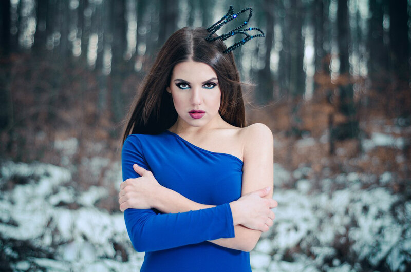 Woman in Blue Dress — Dramatic, Winter, Photograph, Forest