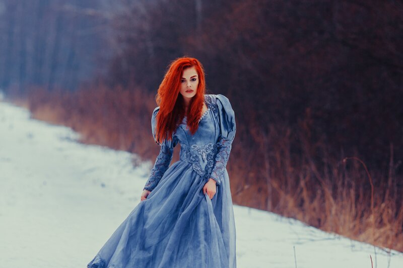 Woman in Blue Dress — Dramatic, Winter, Photograph, Red Hair