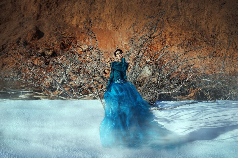 Woman in Blue Dress — Dramatic, Winter, Photograph, Snow, Branches