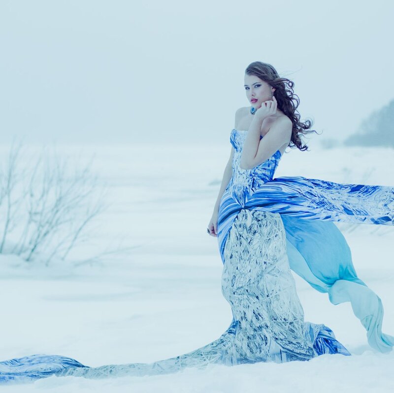 Woman in Blue Dress — Dramatic, Winter, Photograph, Snow