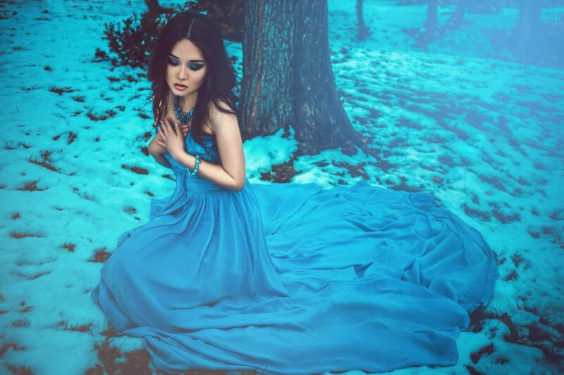 Woman in Blue Dress — Dramatic, Winter, Photograph, Snow, Tree