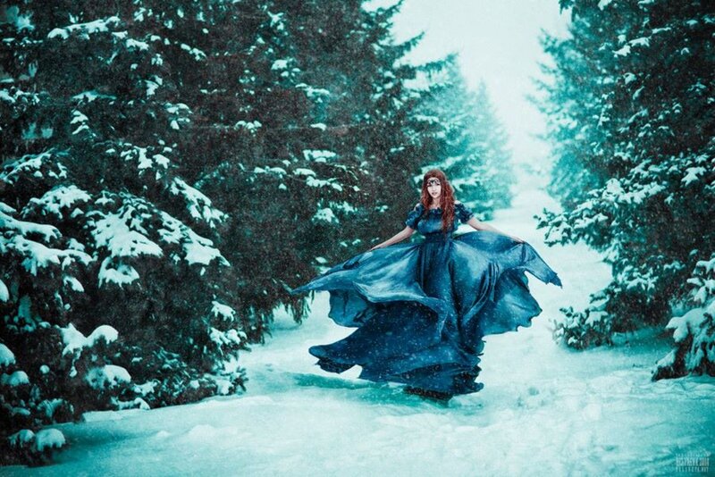 Woman in Blue Dress — Dramatic, Winter, Photograph, Snow, Trees