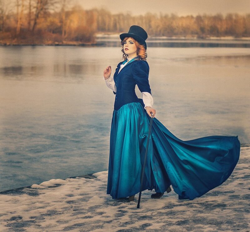 Woman in Blue Dress — Dramatic, Winter, Photograph, Top Hat