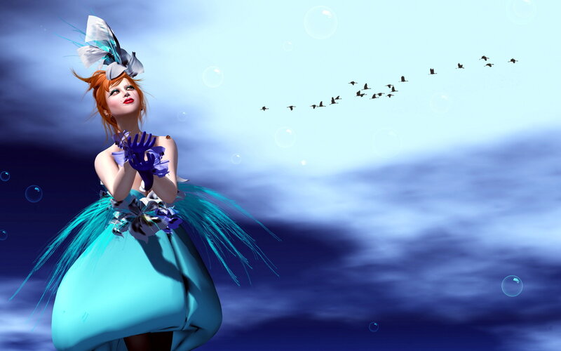 Woman in Blue Dress — Dreamy, Digital Art, Birds