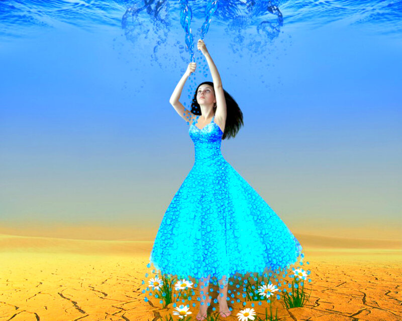 Woman in Blue Dress — Dreamy, Digital Art, Daisies