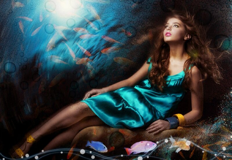 Woman in Blue Dress — Dreamy, Digital Art, Fish