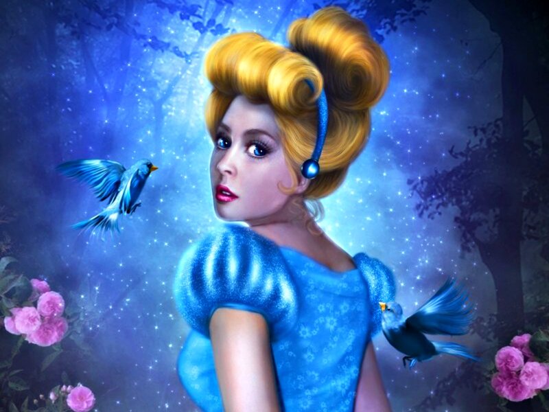 Woman in Blue Dress — Dreamy, Night, Digital Art, Birds