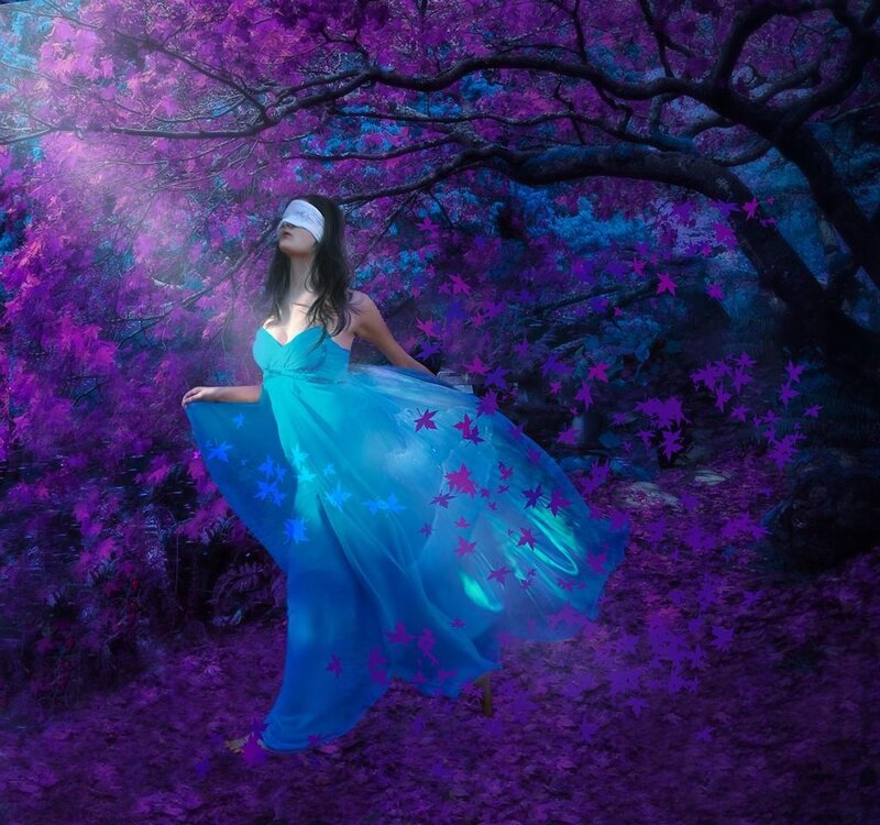 Woman in Blue Dress — Dreamy, Night, Digital Art, Blindfold