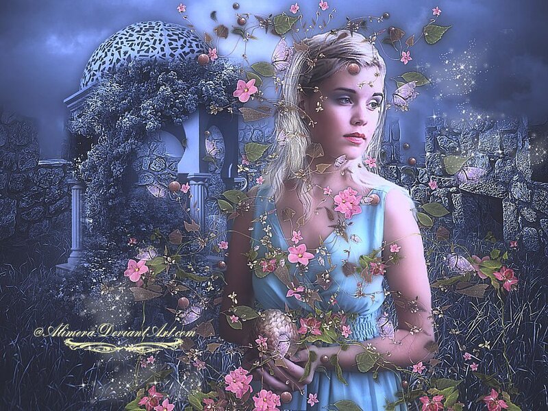 Woman in Blue Dress — Dreamy, Night, Digital Art, Flowers, Butterflies