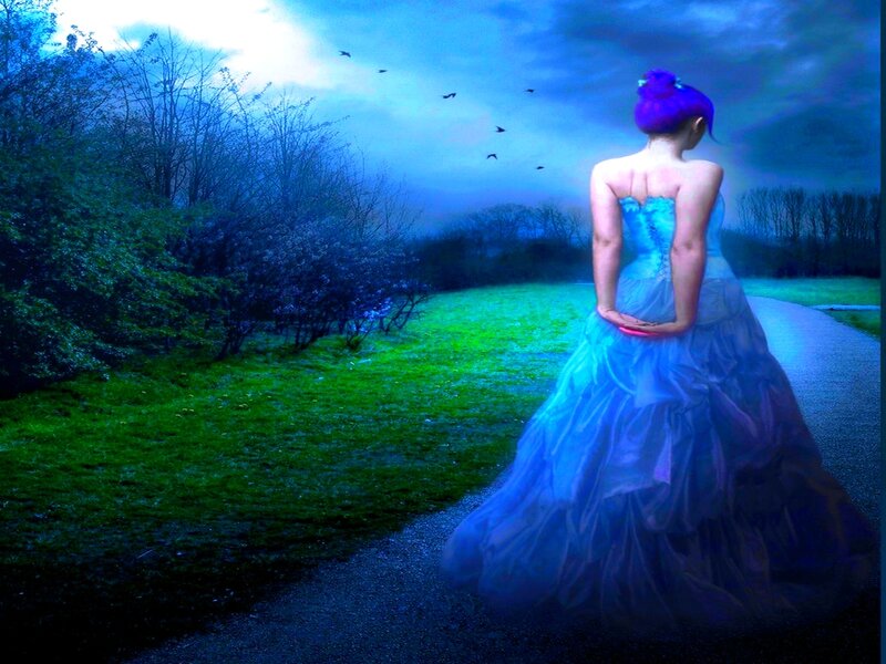Woman in Blue Dress — Dreamy, Night, Digital Art, Path