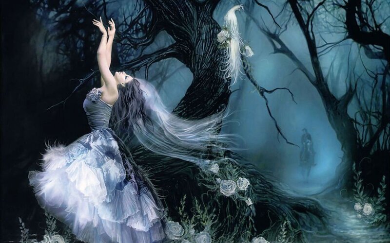 Woman in Blue Dress — Dreamy, Night, Digital Art, Tree, Peacock