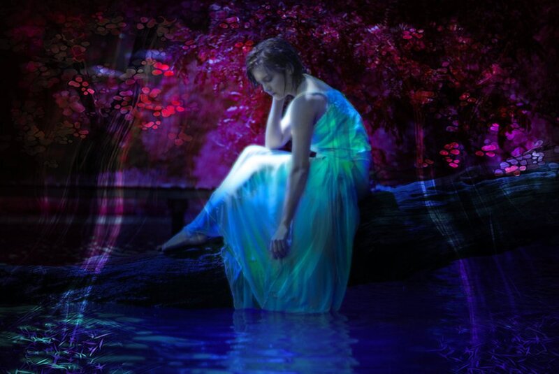 Woman in Blue Dress — Dreamy, Night, Digital Art, Tree