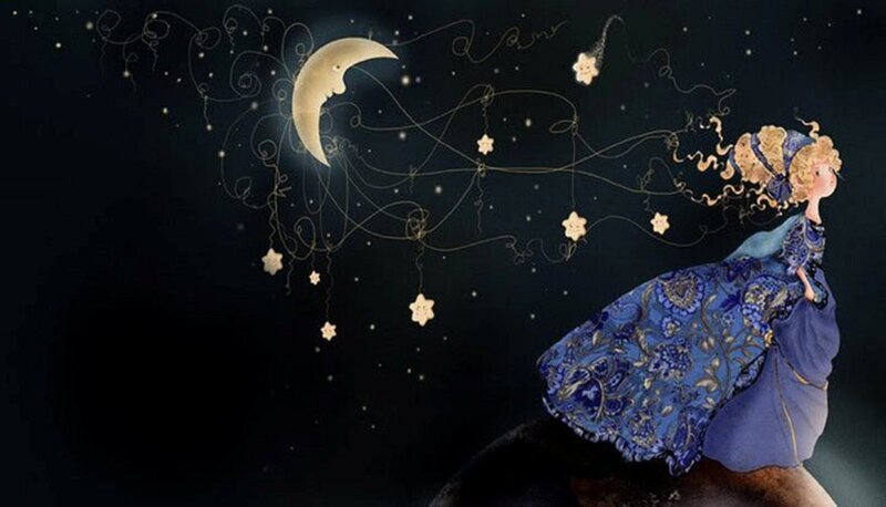 Woman in Blue Dress — Dreamy, Night, Illustration
