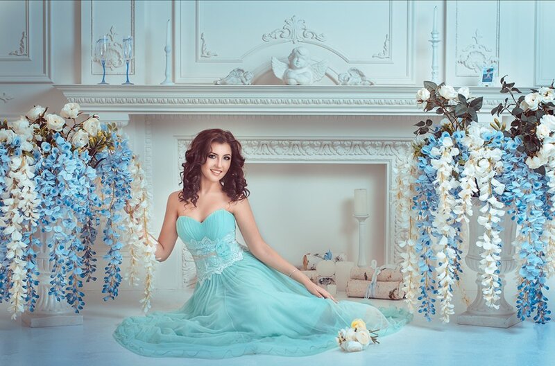 Woman in Blue Dress — Elegant, Photograph, Flowers, Fireplace