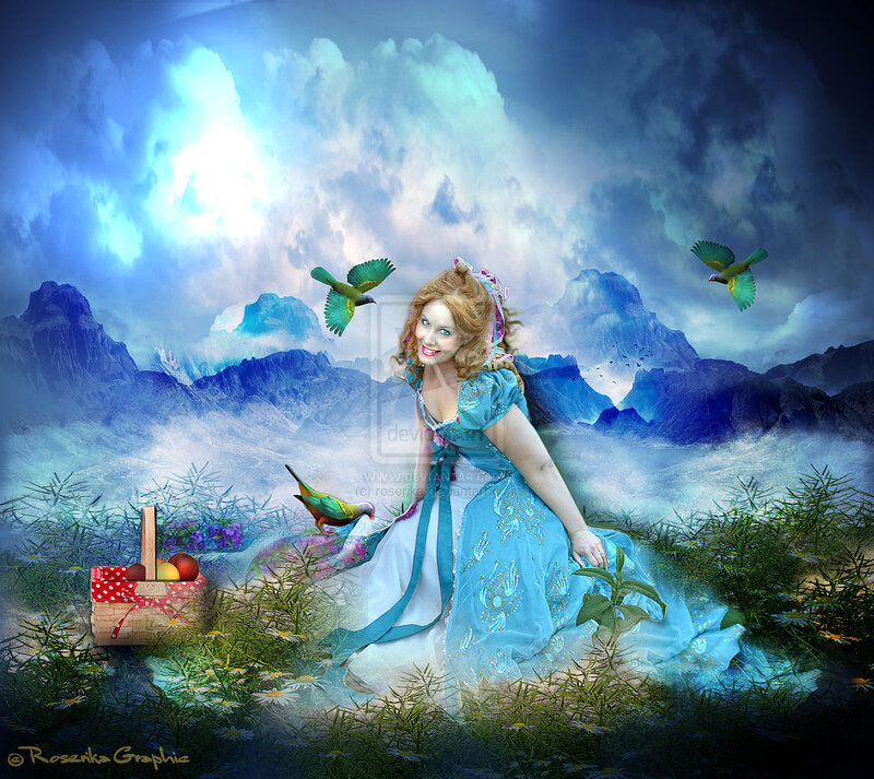 Woman in Blue Dress — Fantasy, Digital Art, Birds