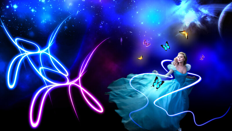 Woman in Blue Dress — Fantasy, Night, Digital Art, Butterflies, Neon Lines