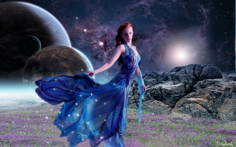 Woman in Blue Dress — Fantasy, Night, Digital Art, Planets