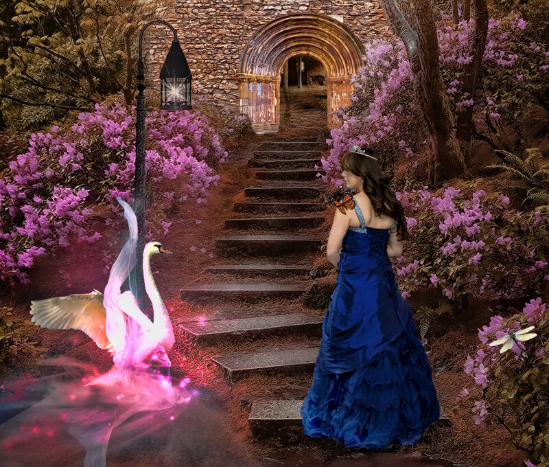 Woman in Blue Dress — Fantasy, Night, Digital Art, Swan