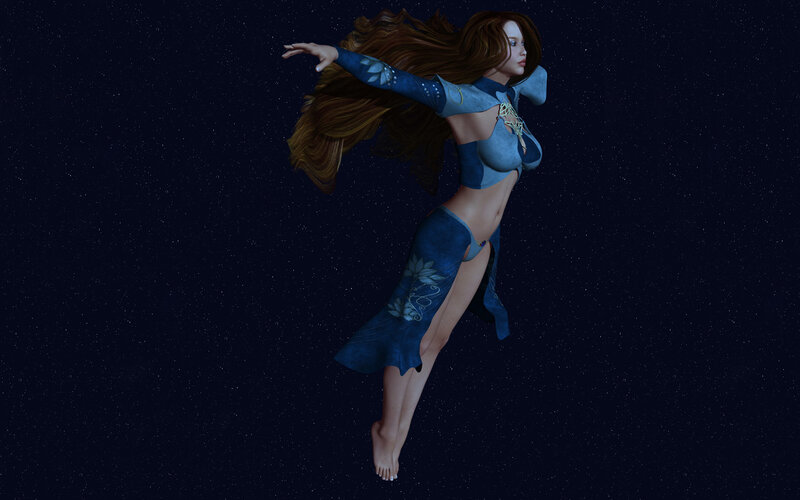 woman in blue dress floating