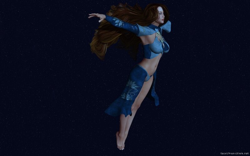 woman in blue dress floating