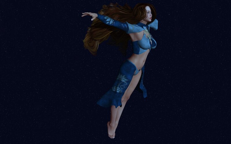 woman in blue dress floating