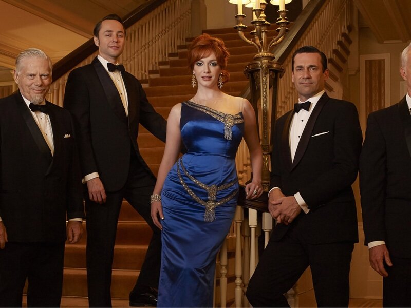 Woman in Blue Dress — Formal, Photograph, Men in Tuxedos