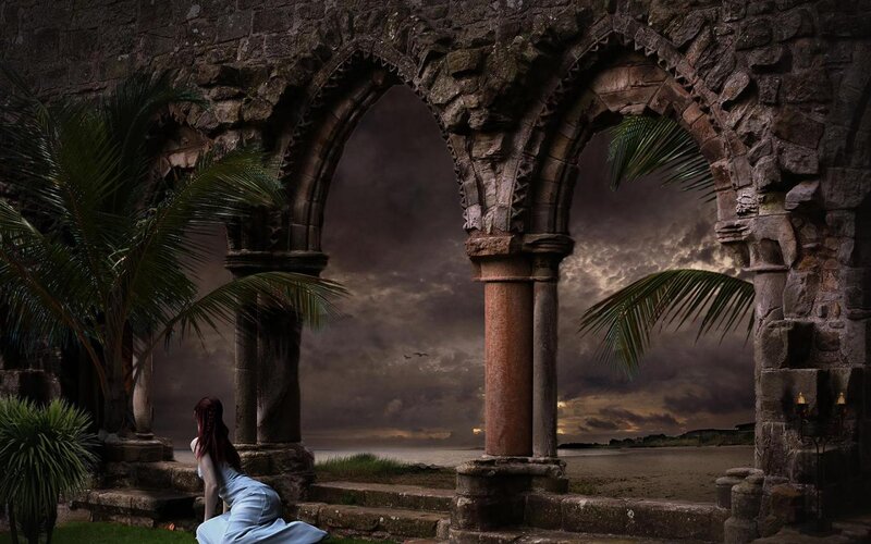 Woman in Blue Dress — Gray, Dramatic, Sunset