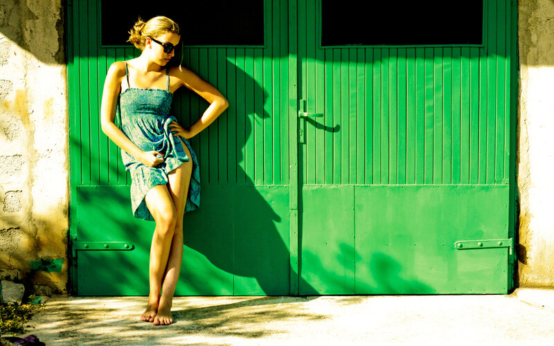 Woman in Blue Dress — Green, Dramatic, Afternoon