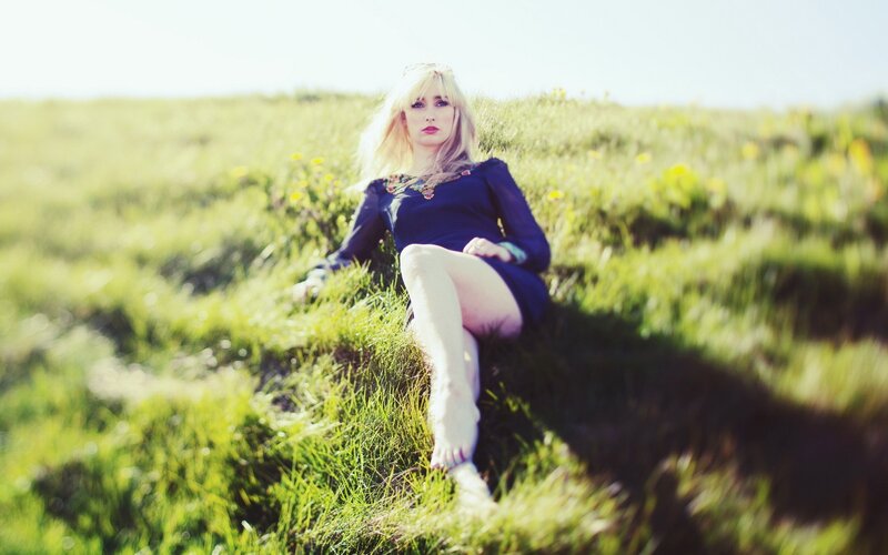 Woman in Blue Dress — Green, Serene, Afternoon, Photograph, Grass Field