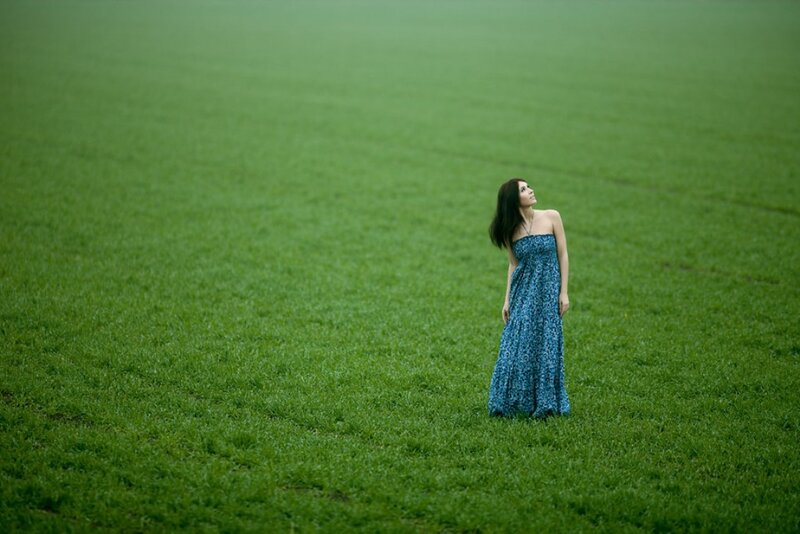 Woman in Blue Dress — Green, Serene, Afternoon