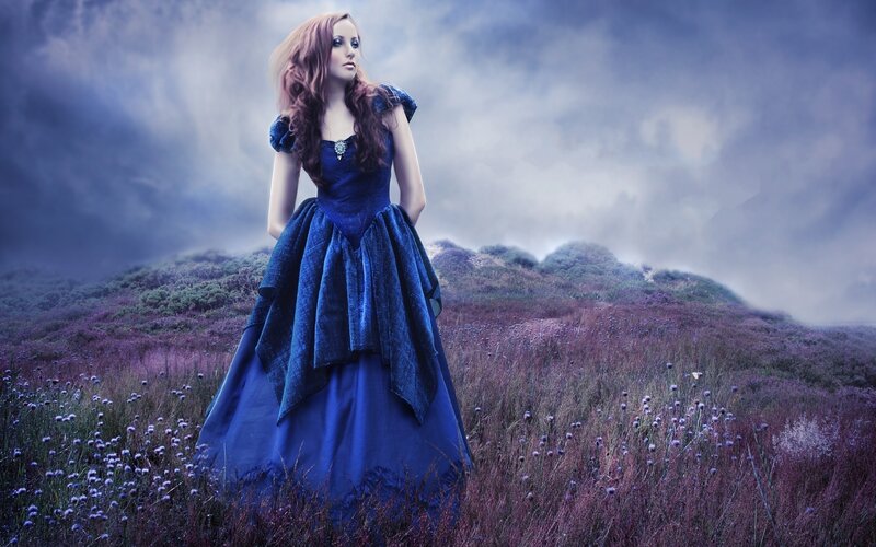 woman in blue dress in field