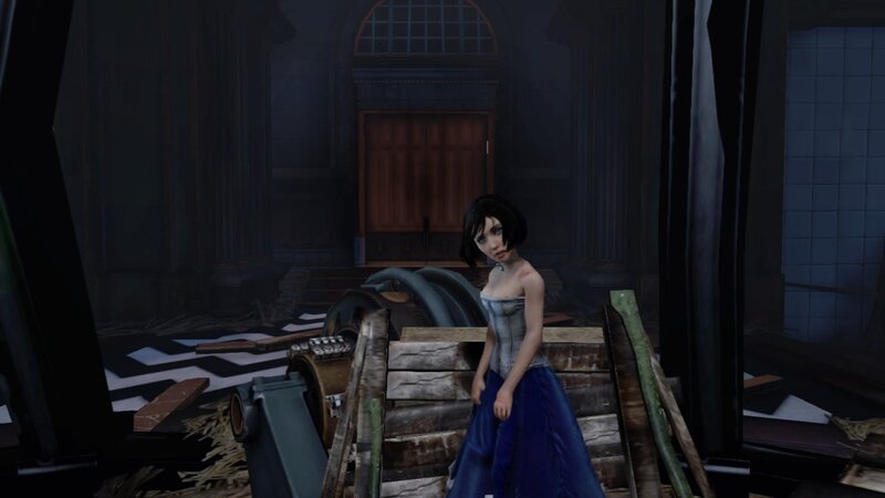 woman in blue dress in ruin