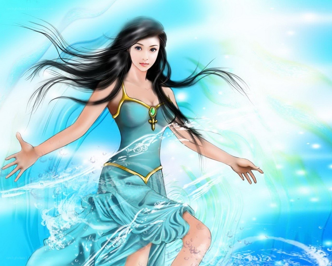 woman in blue dress in water