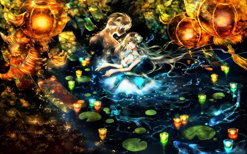 Woman in Blue Dress — Magical, Night, Digital Art, Lanterns
