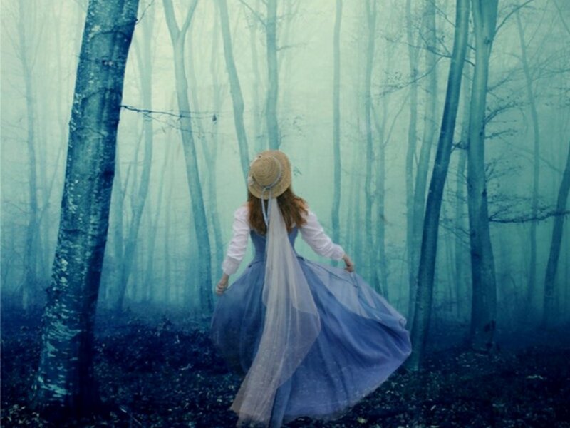 Woman in Blue Dress — Mysterious, Digital Art, Forest