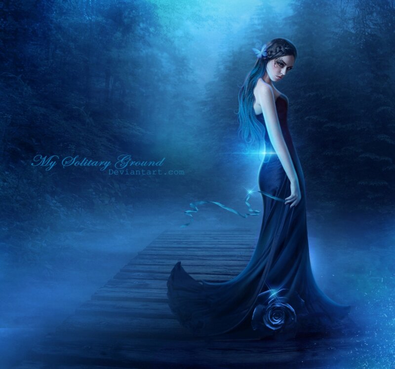 Woman in Blue Dress — Mysterious, Night, Digital Art, Bridge