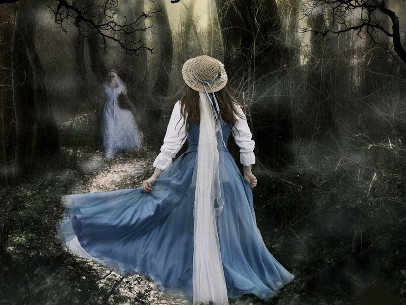 Woman in Blue Dress — Mysterious, Night, Digital Art, Forest