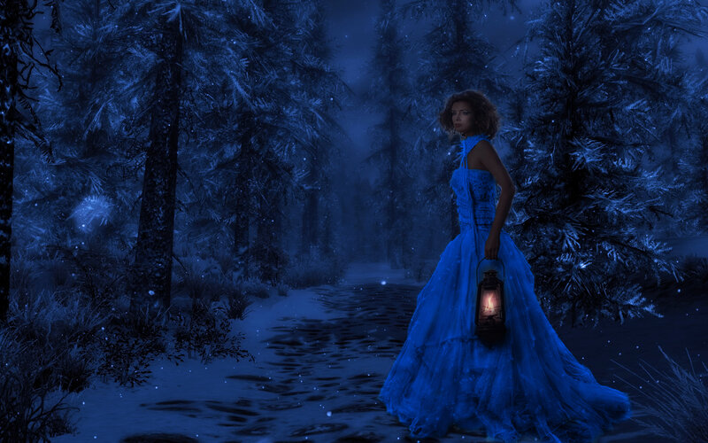 Woman in Blue Dress — Mysterious, Night, Digital Art, Lantern