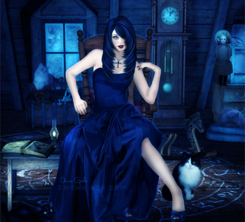 Woman in Blue Dress — Mysterious, Night, Digital Art