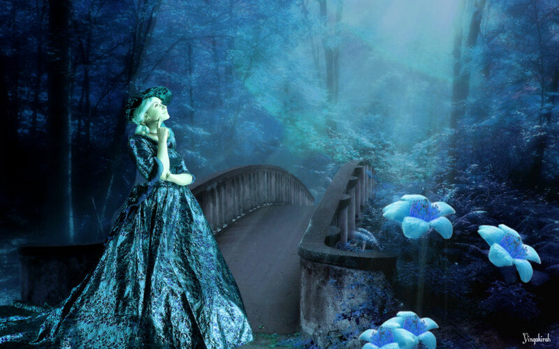 Woman in Blue Dress — Mystical, Night, Digital Art, Bridge